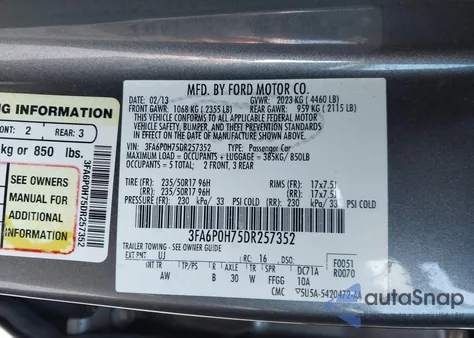 2013 Ford Fusion Se из США, поврежденный, VIN 3FA6P0H75DR257352